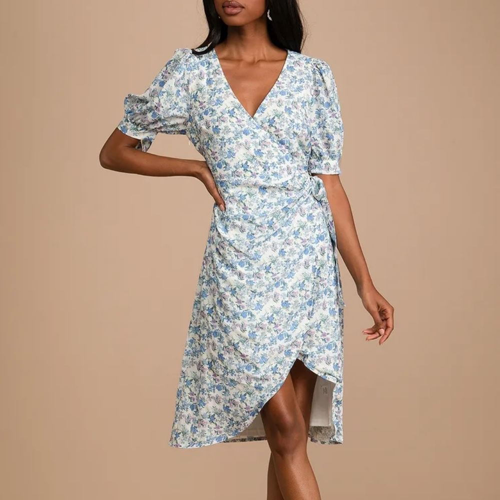 Lulu's Exquisite Style White Floral Print Puff Sleeve Faux-Wrap Dress
